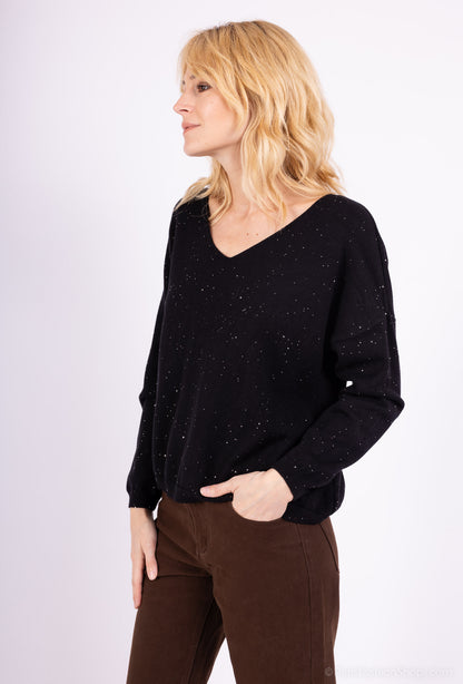 Pull Maille Fine Col V Brillant À Sequins Et Bords-Côtes