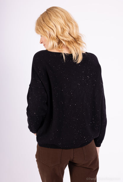 Pull Maille Fine Col V Brillant À Sequins Et Bords-Côtes