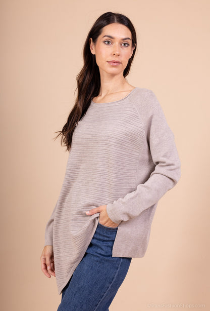 Pull Tunique Coupe Asymétrique Relief Rayures