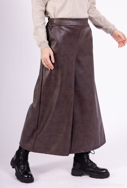Pantalon-Jupe Large Simili Cuir Taille Élastique À Poches