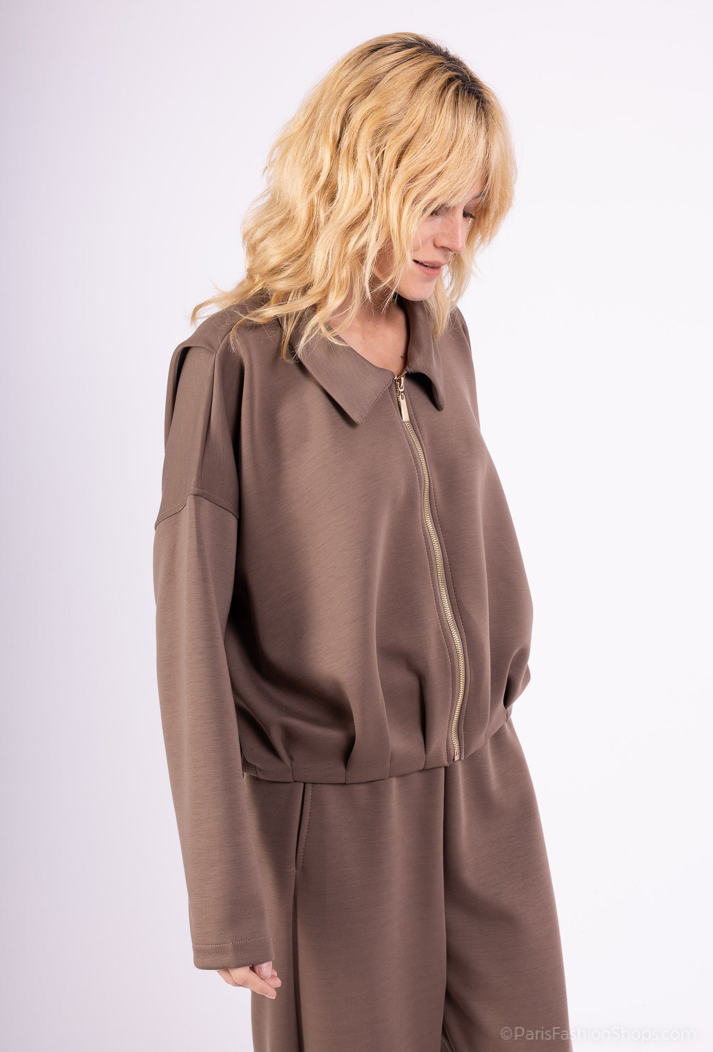 Veste Confort Col Chemise Zippé Cropped Coupe Blousante