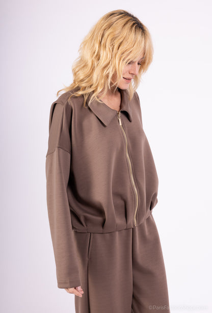 Veste Confort Col Chemise Zippé Cropped Coupe Blousante