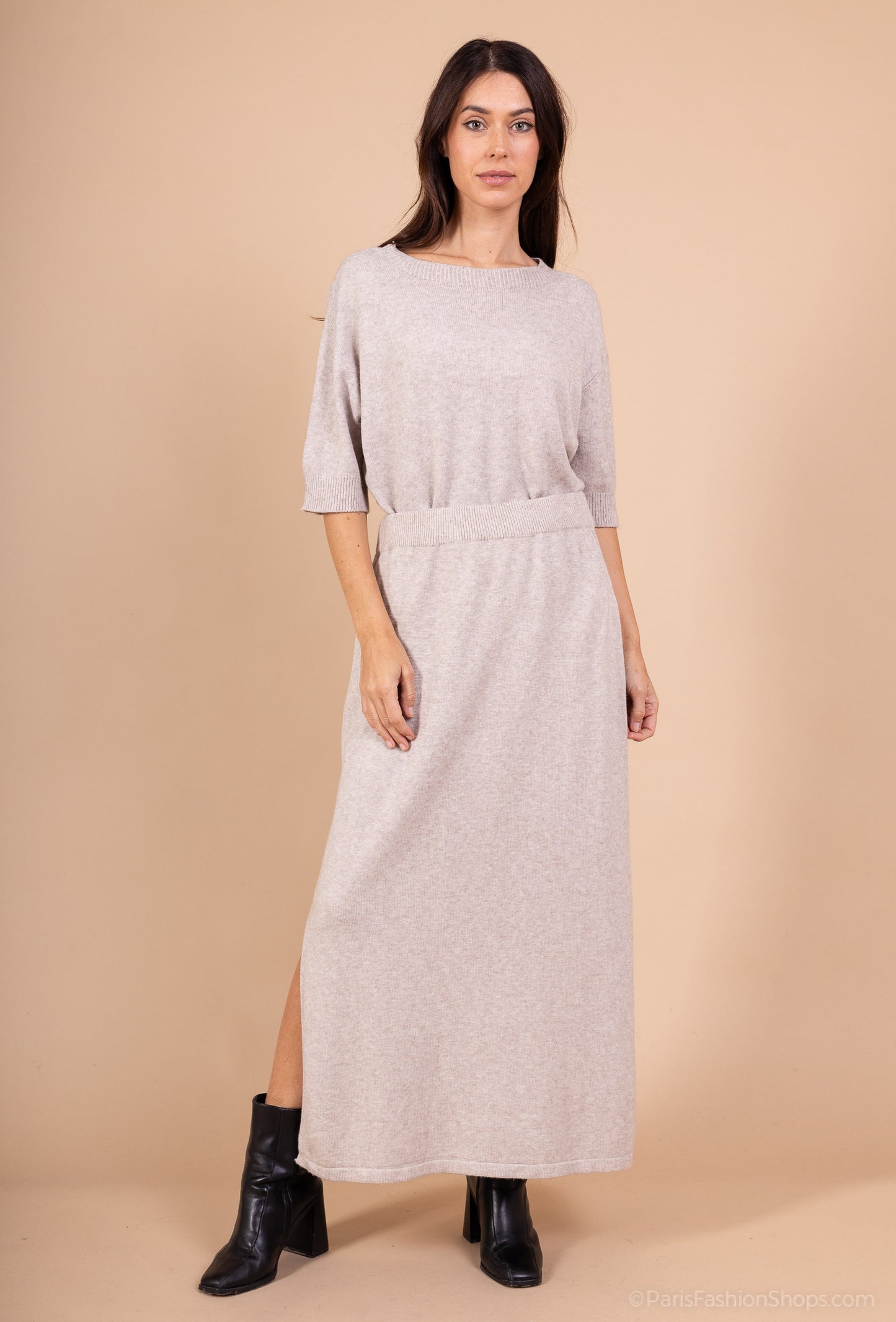 Ensemble Pull Jupe Manche Courte Bords-Côtes à Fente