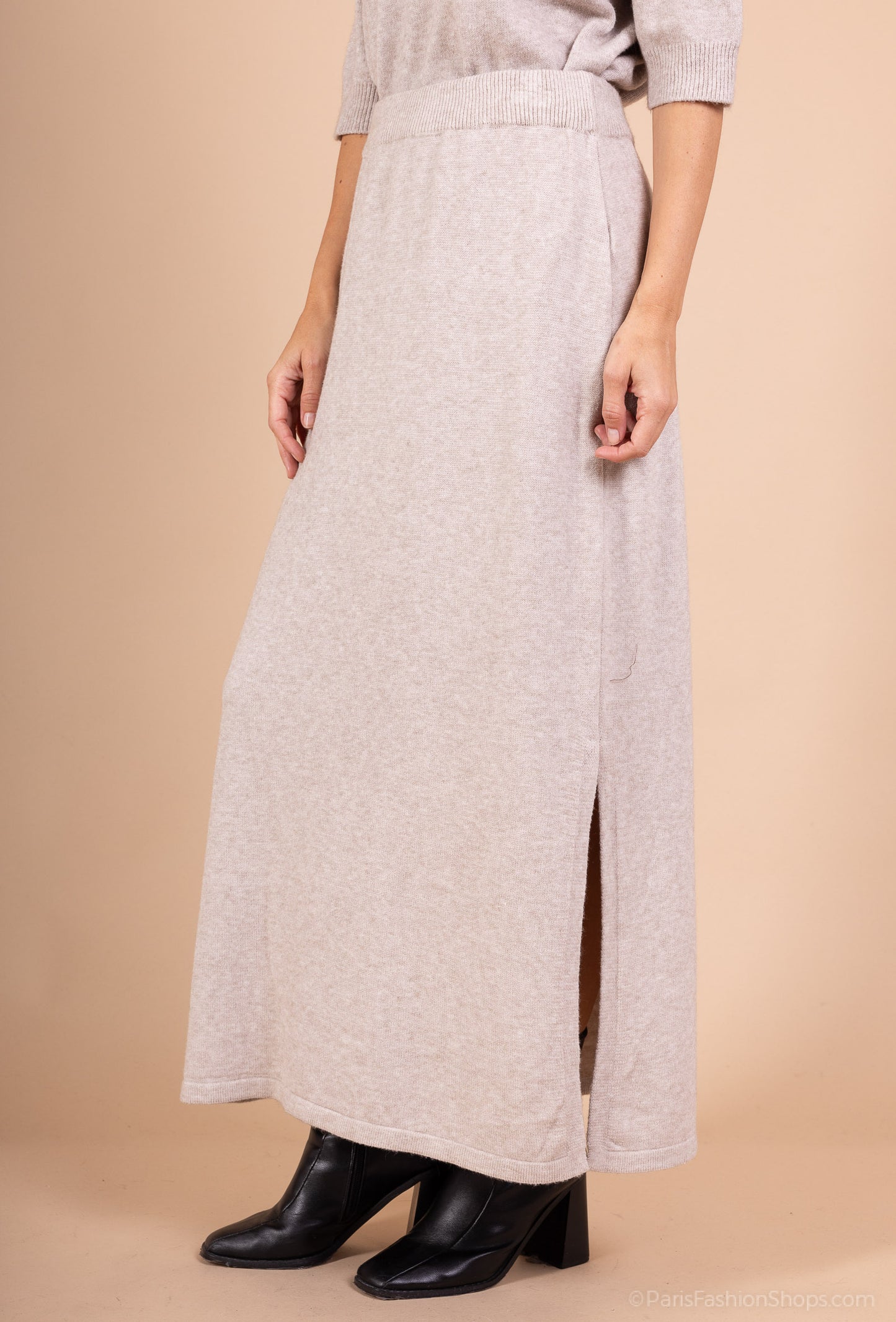 Ensemble Pull Jupe Manche Courte Bords-Côtes à Fente