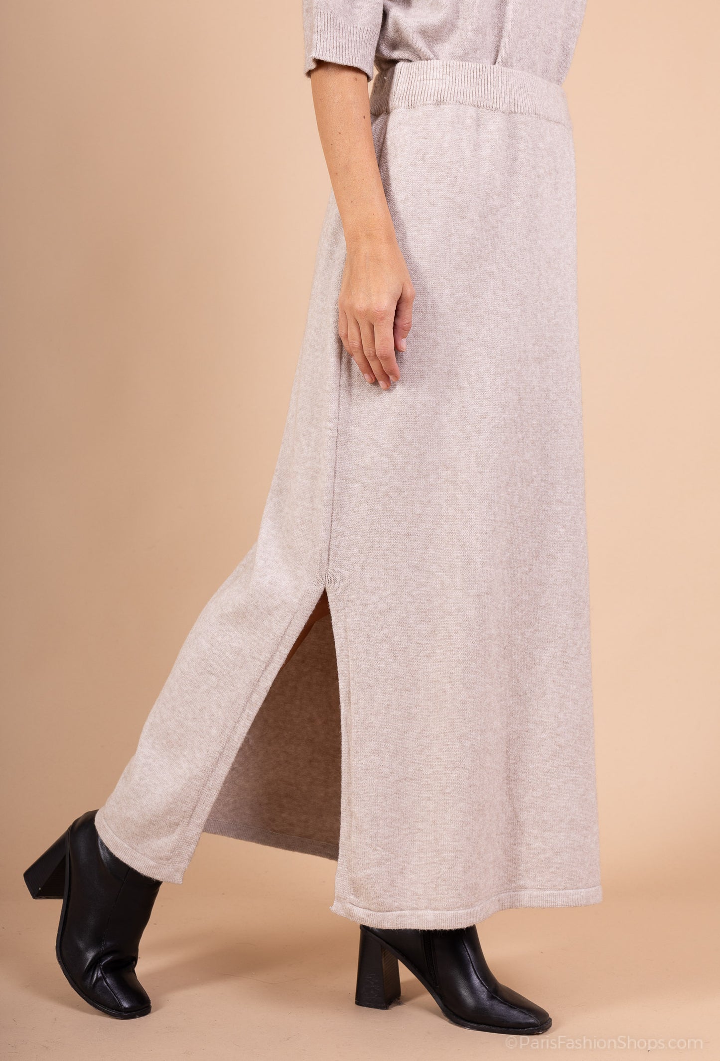 Ensemble Pull Jupe Manche Courte Bords-Côtes à Fente