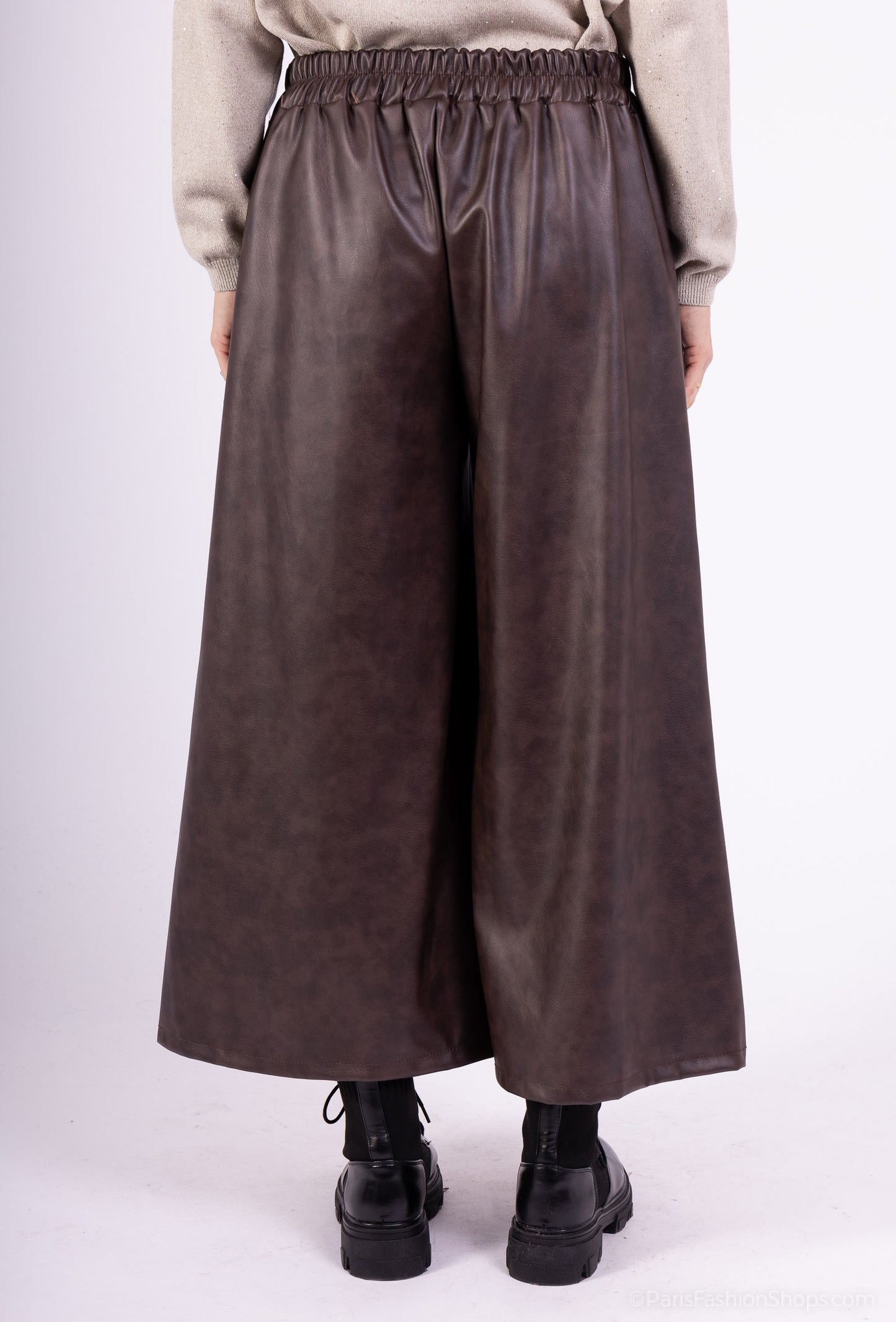 Pantalon-Jupe Large Simili Cuir Taille Élastique À Poches