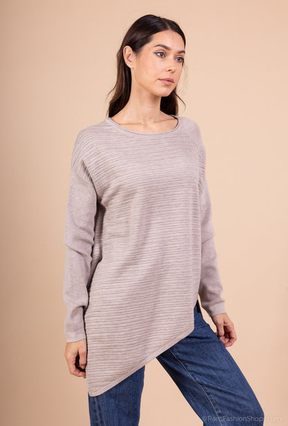 Pull Tunique Coupe Asymétrique Relief Rayures